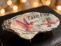 Take Flight hand-painted oyster shell trinket dish with hummingbird design and silver flower charm